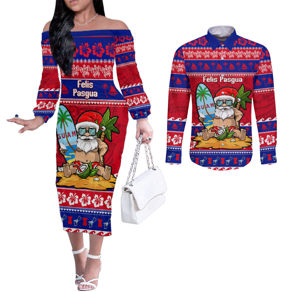 Custom Guam Christmas Couples Matching Off The Shoulder Long Sleeve Dress and Long Sleeve Button Shirt Guaman Santas Felis Pasgua LT14 Blue - Polynesian Pride