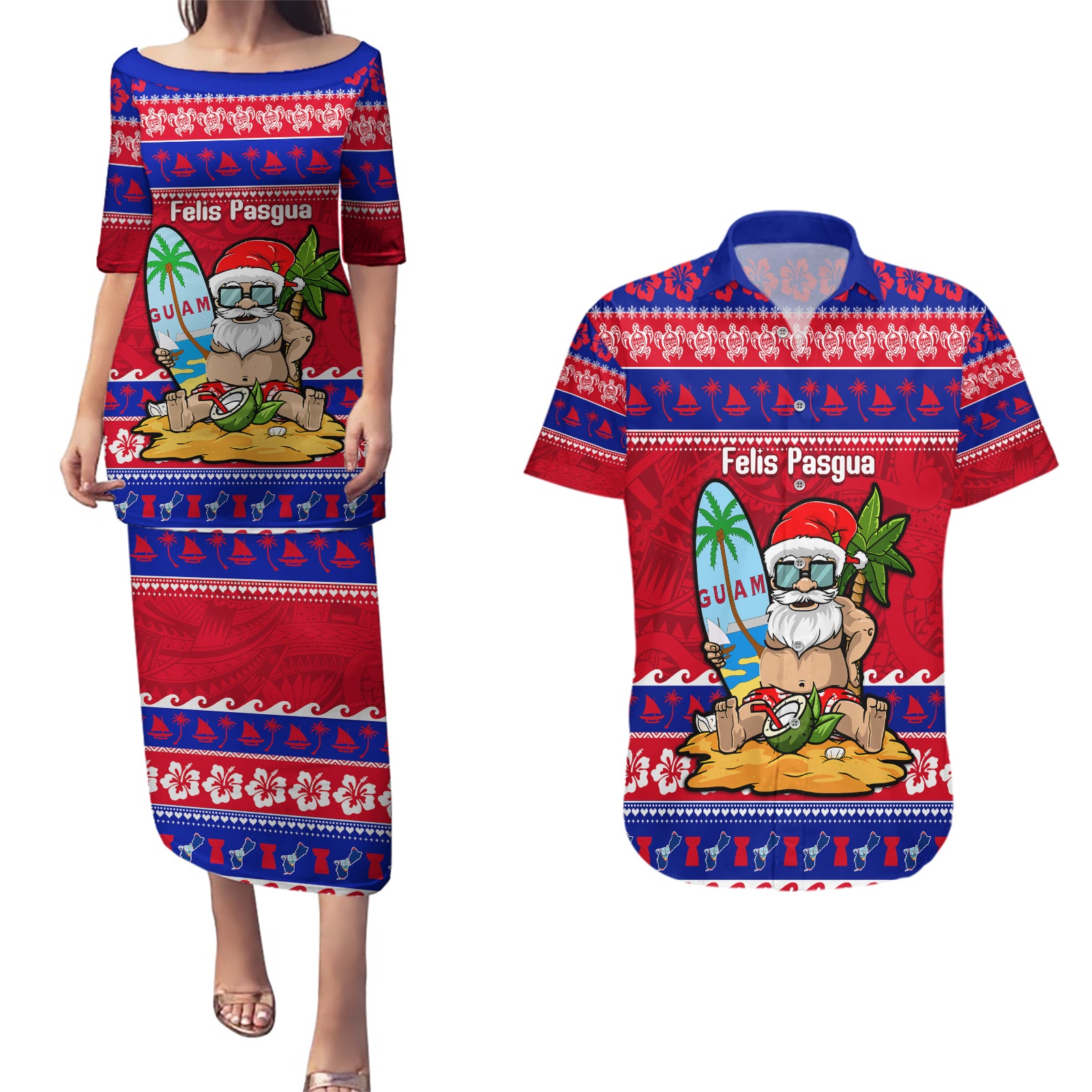 Custom Guam Christmas Couples Matching Puletasi Dress and Hawaiian Shirt Guaman Santas Felis Pasgua LT14 Blue - Polynesian Pride