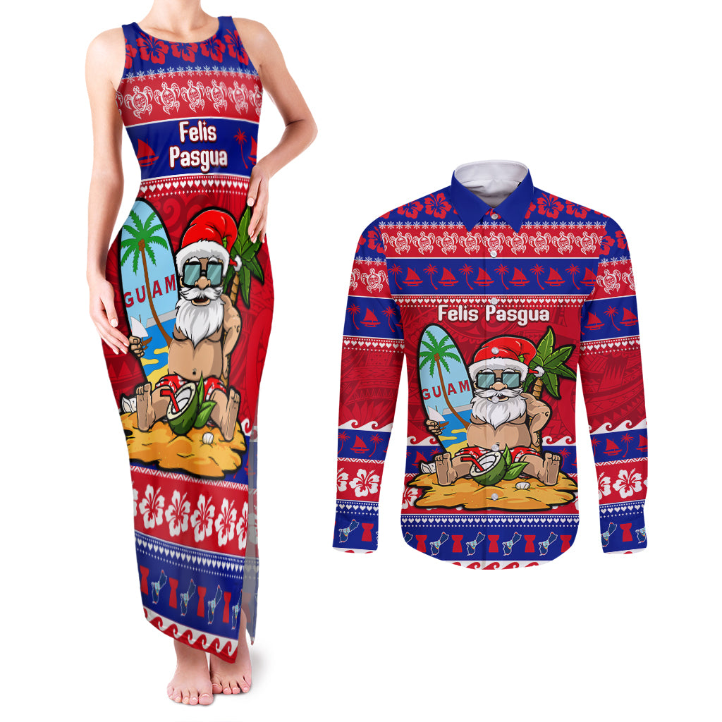 Custom Guam Christmas Couples Matching Tank Maxi Dress and Long Sleeve Button Shirt Guaman Santas Felis Pasgua LT14 Blue - Polynesian Pride