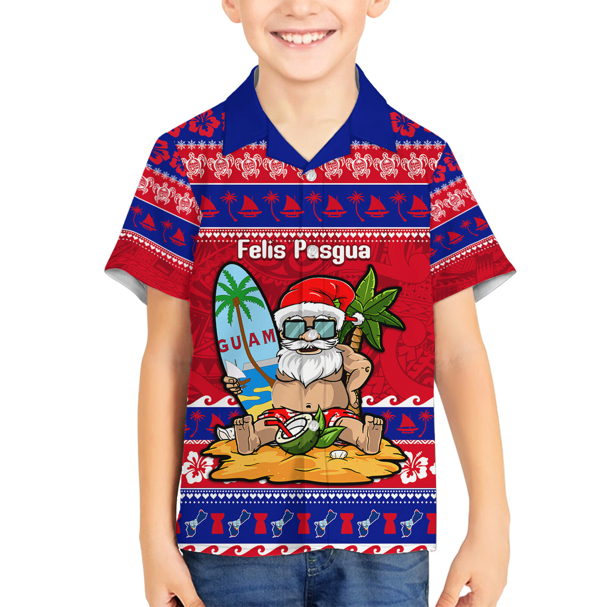 Custom Guam Christmas Family Matching Long Sleeve Bodycon Dress and Hawaiian Shirt Guaman Santas Felis Pasgua LT14 Son's Shirt Blue - Polynesian Pride