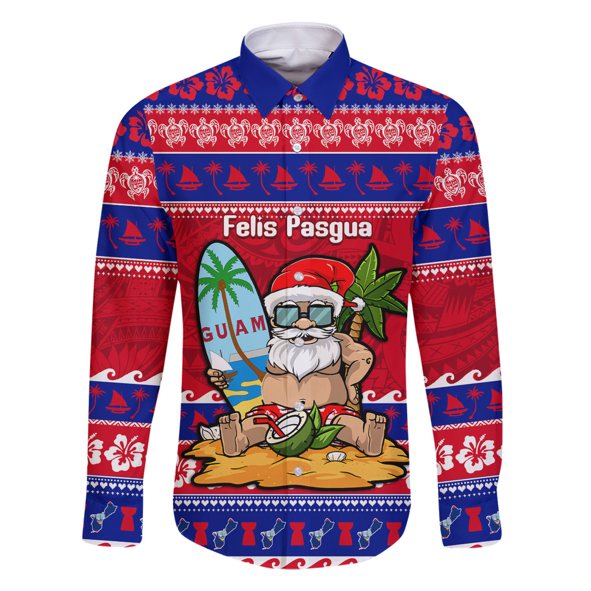 Custom Guam Christmas Family Matching Mermaid Dress and Hawaiian Shirt Guaman Santas Felis Pasgua LT14 Dad's Shirt - Long Sleeve Blue - Polynesian Pride