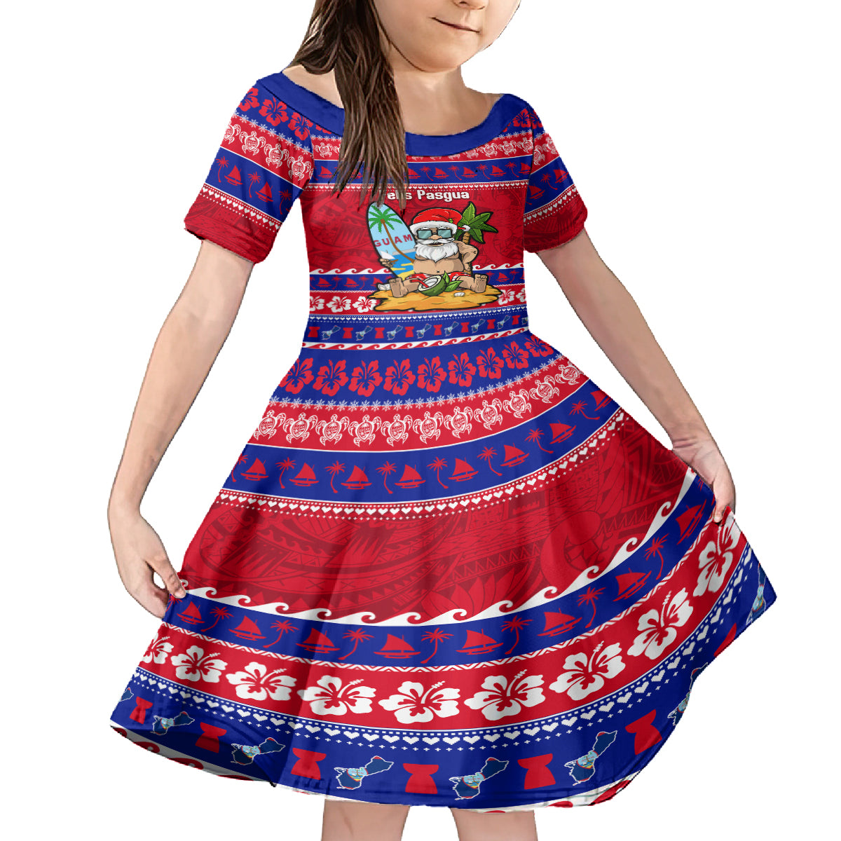 Custom Guam Christmas Family Matching Puletasi Dress and Hawaiian Shirt Guaman Santas Felis Pasgua LT14 Daughter's Dress Blue - Polynesian Pride