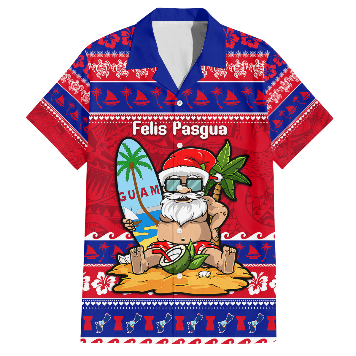 Custom Guam Christmas Family Matching Puletasi Dress and Hawaiian Shirt Guaman Santas Felis Pasgua LT14 Dad's Shirt - Short Sleeve Blue - Polynesian Pride