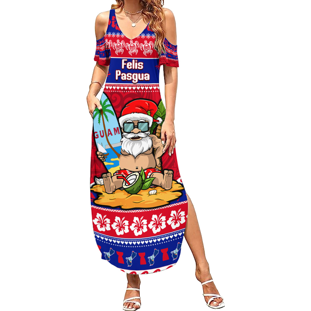 Custom Guam Christmas Summer Maxi Dress Guaman Santas Felis Pasgua LT14 Women Blue - Polynesian Pride