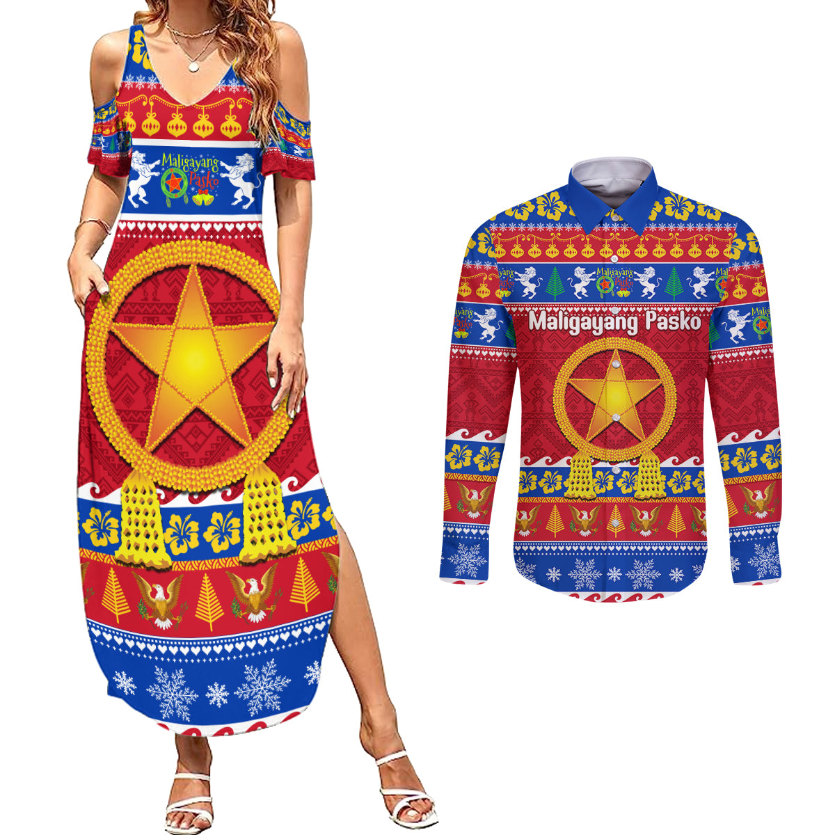 Custom Philippines Christmas Couples Matching Summer Maxi Dress and Long Sleeve Button Shirt Filipino Parol Maligayang Pasko LT14 Blue - Polynesian Pride