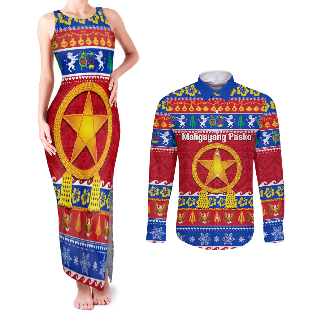 Custom Philippines Christmas Couples Matching Tank Maxi Dress and Long Sleeve Button Shirt Filipino Parol Maligayang Pasko LT14 Blue - Polynesian Pride