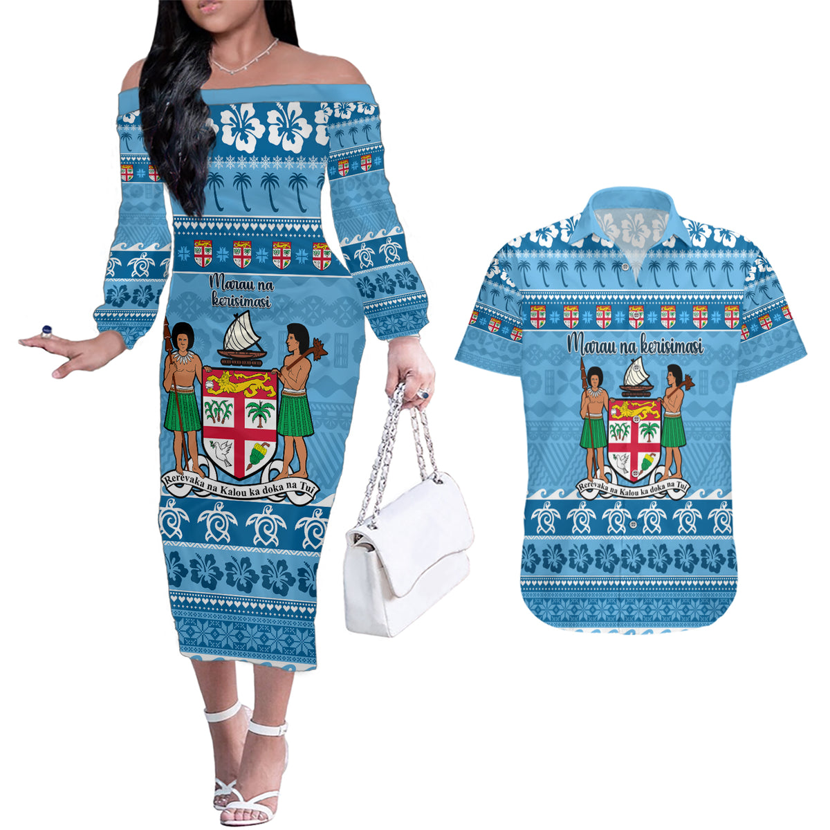 Custom Fiji Christmas Couples Matching Off The Shoulder Long Sleeve Dress and Hawaiian Shirt Fijian Tapa Marau na Kerisimasi LT14 Blue - Polynesian Pride