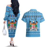 Custom Fiji Christmas Couples Matching Off The Shoulder Long Sleeve Dress and Hawaiian Shirt Fijian Tapa Marau na Kerisimasi LT14 - Polynesian Pride