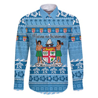 Custom Fiji Christmas Family Matching Mermaid Dress and Hawaiian Shirt Fijian Tapa Marau na Kerisimasi LT14 Dad's Shirt - Long Sleeve Blue - Polynesian Pride