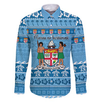 Custom Fiji Christmas Family Matching Puletasi Dress and Hawaiian Shirt Fijian Tapa Marau na Kerisimasi LT14 Dad's Shirt - Long Sleeve Blue - Polynesian Pride