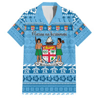 Custom Fiji Christmas Family Matching Short Sleeve Bodycon Dress and Hawaiian Shirt Fijian Tapa Marau na Kerisimasi LT14 Dad's Shirt - Short Sleeve Blue - Polynesian Pride