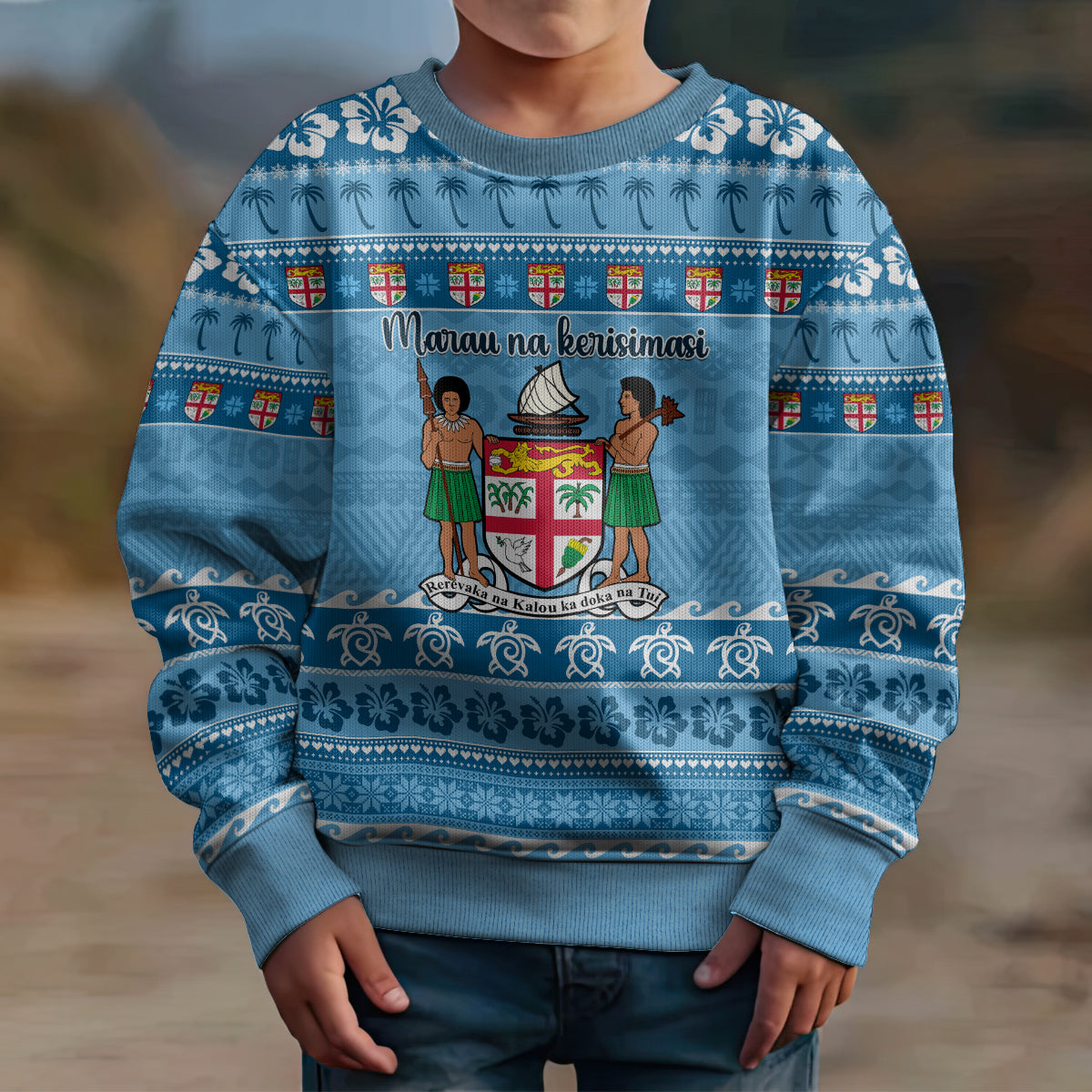 Custom Fiji Christmas Kid Ugly Christmas Sweater Fijian Tapa Marau na Kerisimasi LT14 - Polynesian Pride