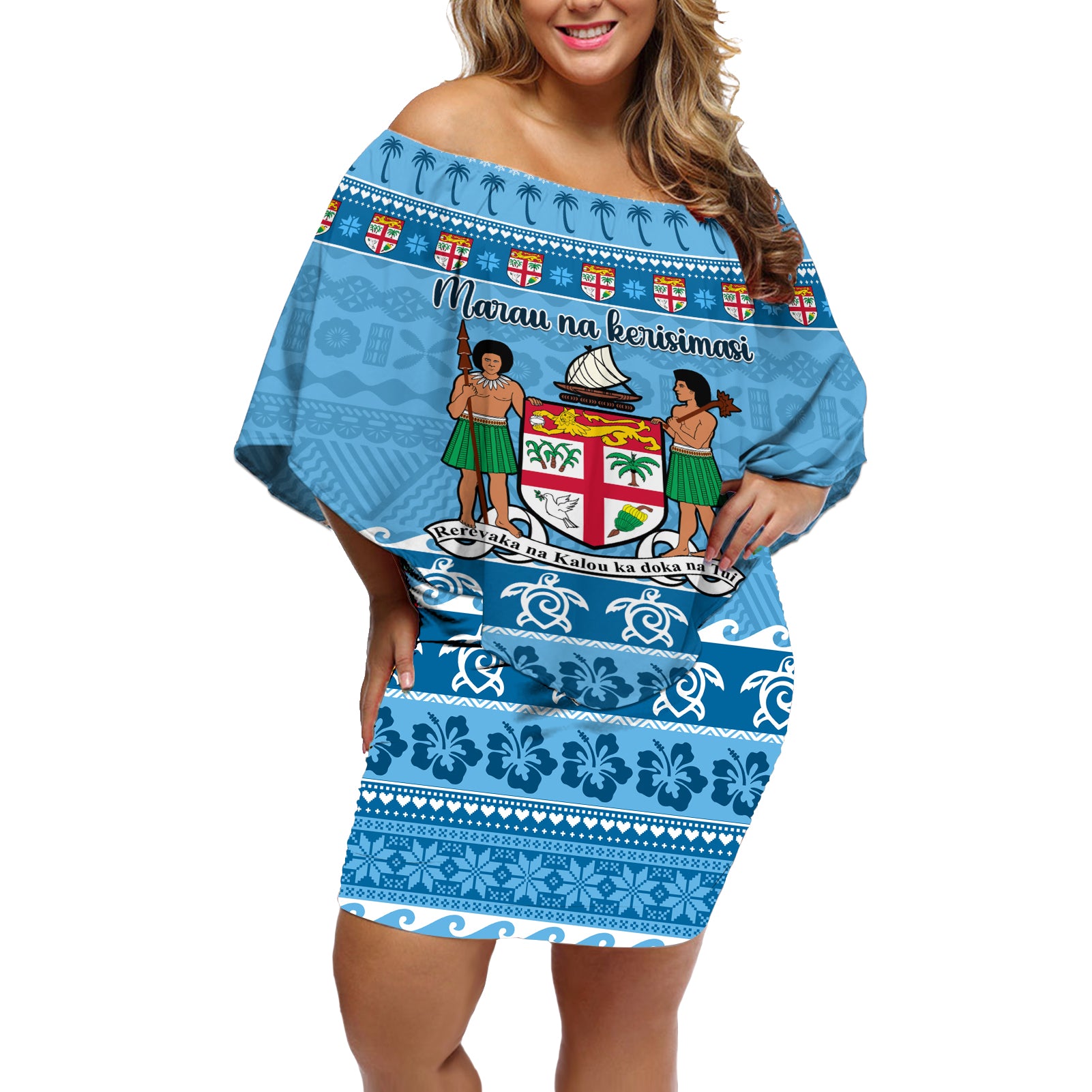 Custom Fiji Christmas Off Shoulder Short Dress Fijian Tapa Marau na Kerisimasi LT14 Women Blue - Polynesian Pride