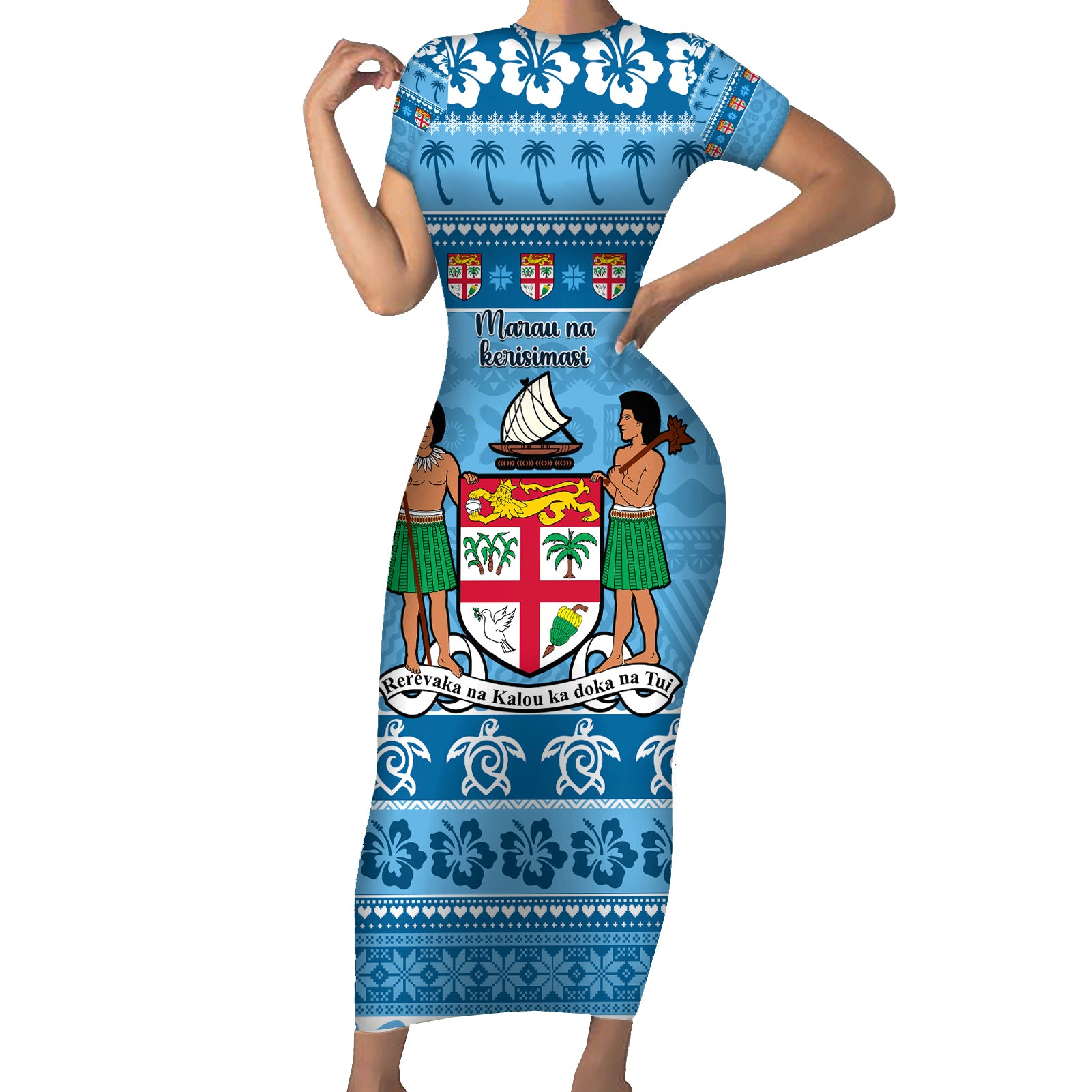 Custom Fiji Christmas Short Sleeve Bodycon Dress Fijian Tapa Marau na Kerisimasi LT14 Long Dress Blue - Polynesian Pride