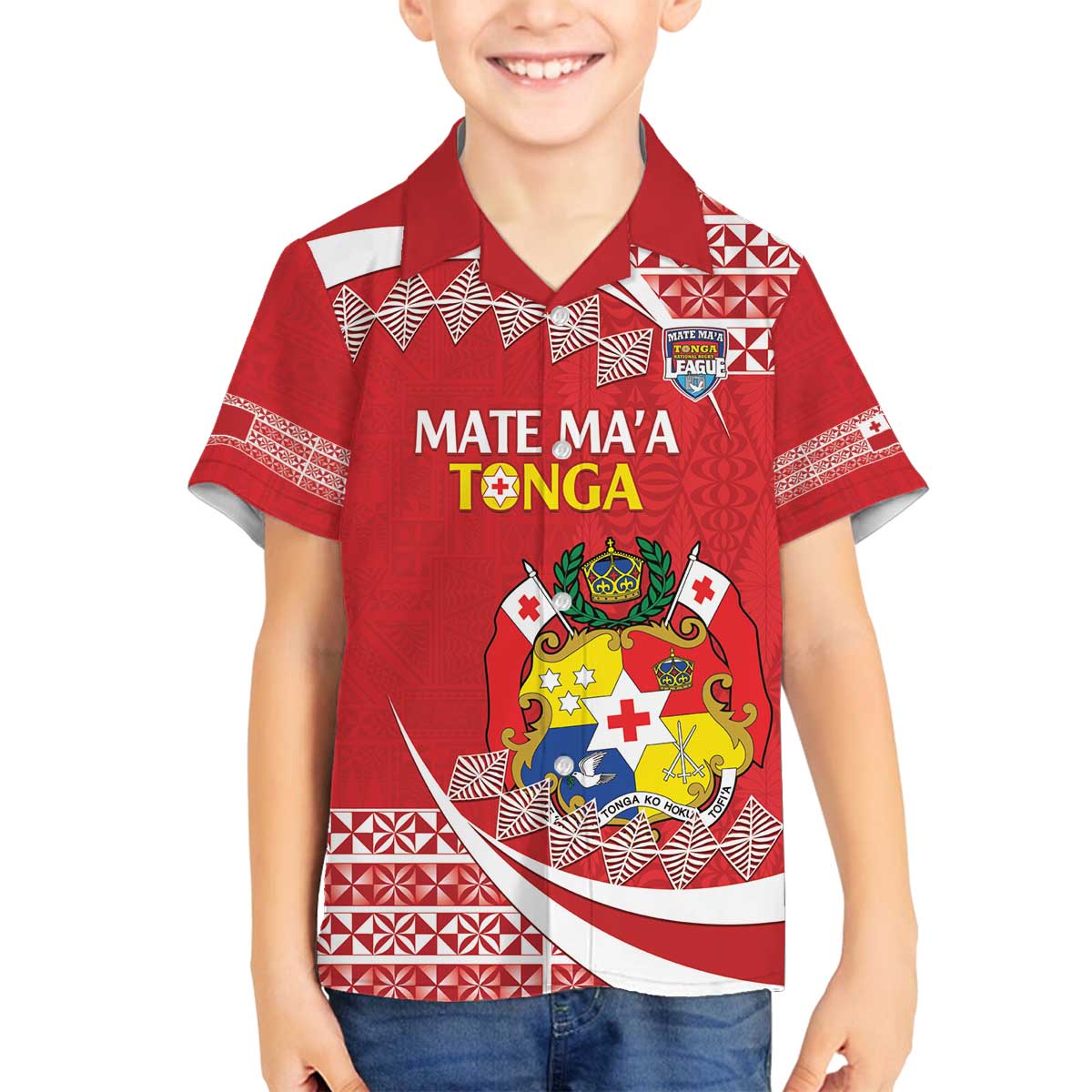 Custom Mate Maa Tonga Family Matching Off The Shoulder Long Sleeve Dress and Hawaiian Shirt 2024 Go Champions LT14 Son's Shirt Red - Polynesian Pride