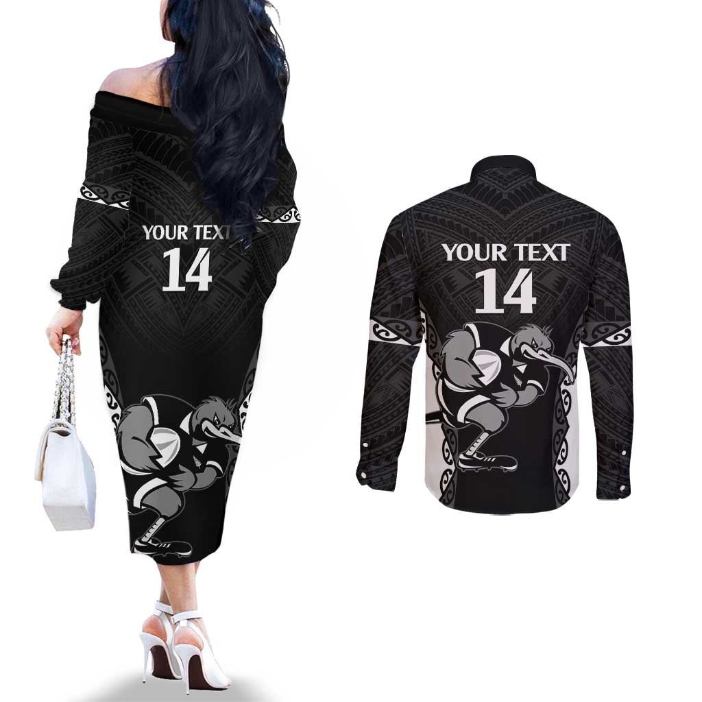 Aotearoa Rugby Custom Couples Matching Off The Shoulder Long Sleeve Dress and Long Sleeve Button Shirt Maori Kiwi - Mascot Style