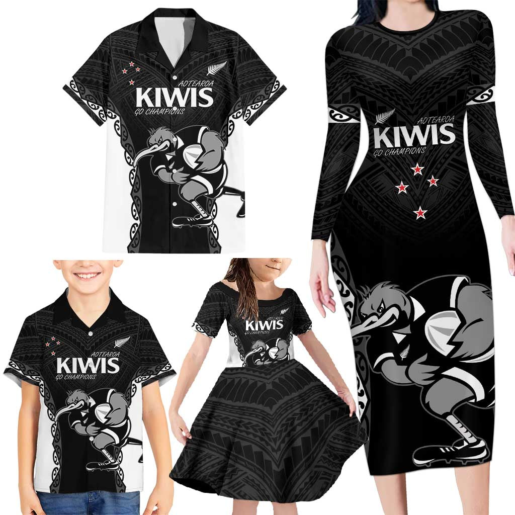 Aotearoa Rugby Custom Family Matching Long Sleeve Bodycon Dress and Hawaiian Shirt Maori Kiwi - Mascot Style LT14 - Polynesian Pride