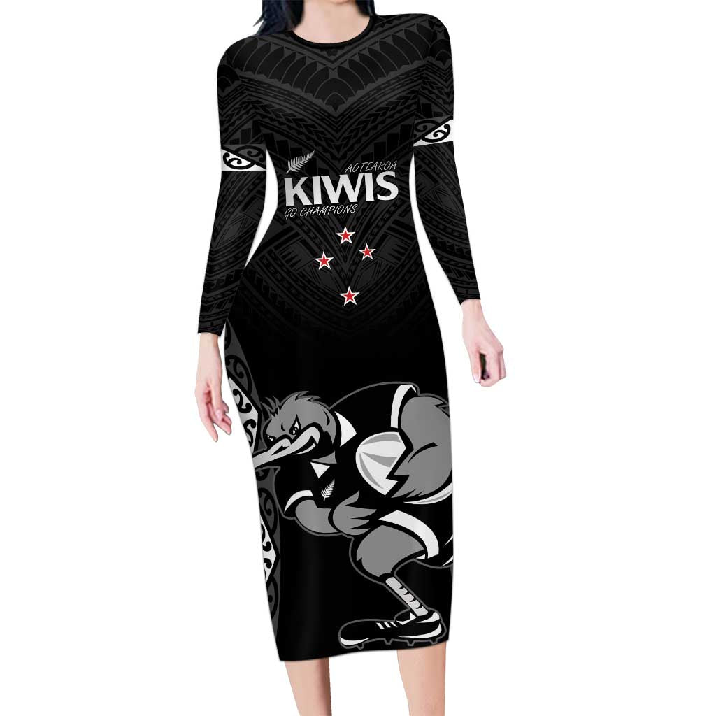 Aotearoa Rugby Custom Family Matching Long Sleeve Bodycon Dress and Hawaiian Shirt Maori Kiwi - Mascot Style LT14 Mom's Dress Black - Polynesian Pride