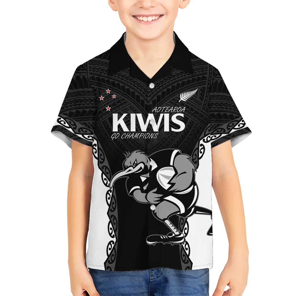Aotearoa Rugby Custom Family Matching Long Sleeve Bodycon Dress and Hawaiian Shirt Maori Kiwi - Mascot Style LT14 Son's Shirt Black - Polynesian Pride