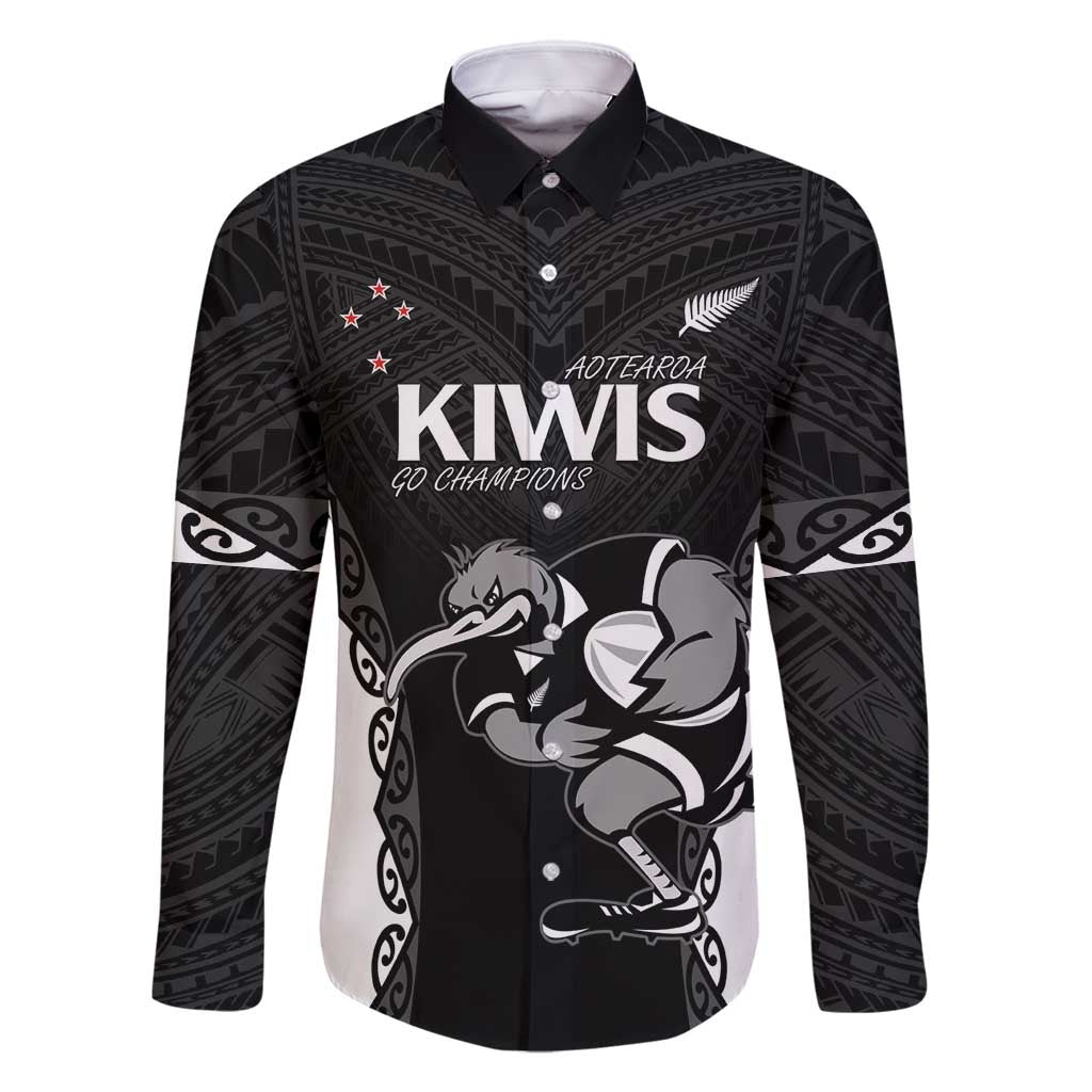 Aotearoa Rugby Custom Family Matching Mermaid Dress and Hawaiian Shirt Maori Kiwi - Mascot Style LT14 Dad's Shirt - Long Sleeve Black - Polynesian Pride