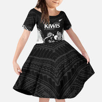 Aotearoa Rugby Custom Family Matching Off The Shoulder Long Sleeve Dress and Hawaiian Shirt Maori Kiwi - Mascot Style LT14 Daughter's Dress Black - Polynesian Pride