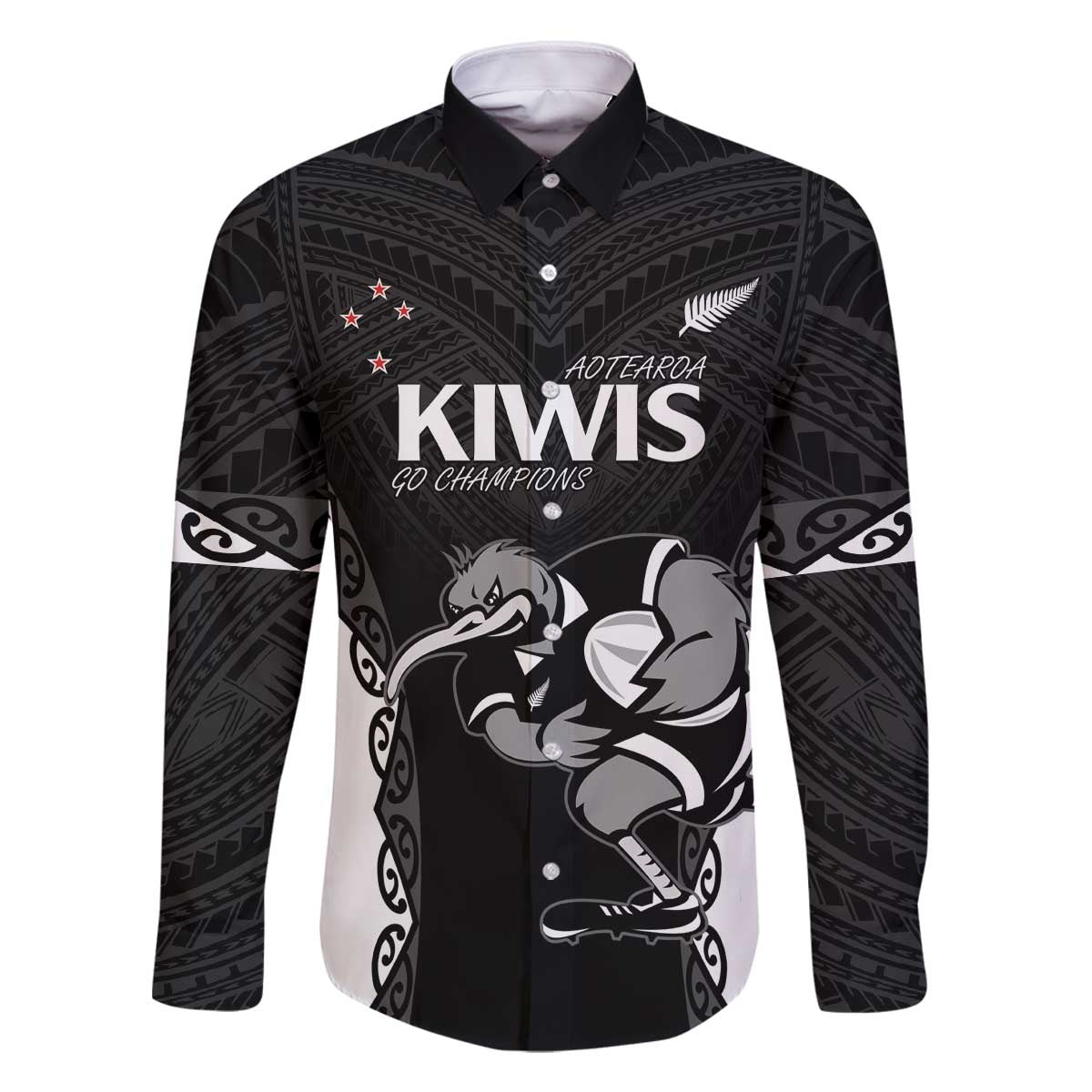 Aotearoa Rugby Custom Family Matching Off The Shoulder Long Sleeve Dress and Hawaiian Shirt Maori Kiwi - Mascot Style LT14 Dad's Shirt - Long Sleeve Black - Polynesian Pride