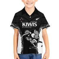 Aotearoa Rugby Custom Family Matching Off Shoulder Short Dress and Hawaiian Shirt Maori Kiwi - Mascot Style
