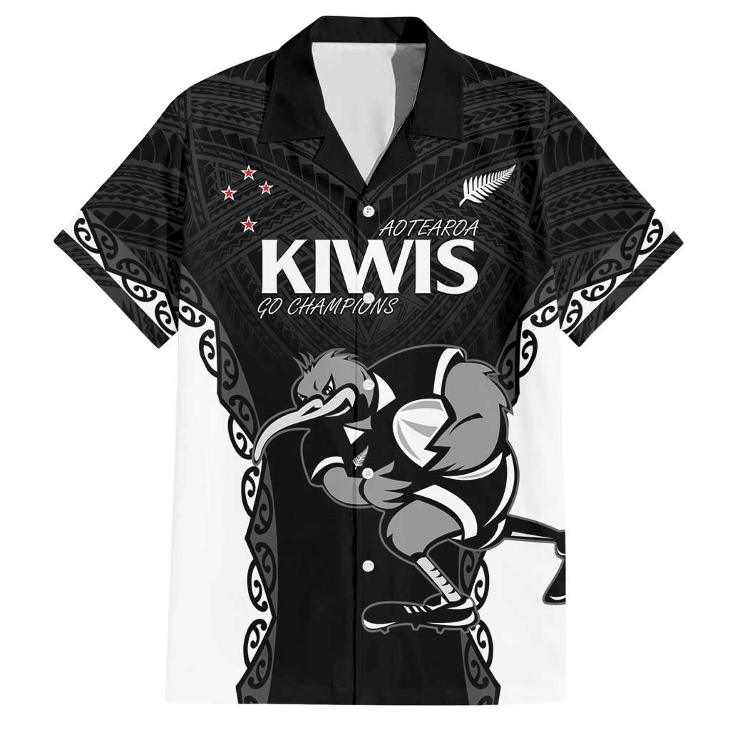 Aotearoa Rugby Custom Family Matching Short Sleeve Bodycon Dress and Hawaiian Shirt Maori Kiwi - Mascot Style LT14 Dad's Shirt - Short Sleeve Black - Polynesian Pride