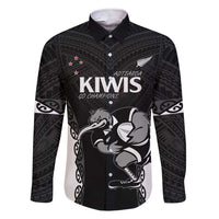 Aotearoa Rugby Custom Family Matching Short Sleeve Bodycon Dress and Hawaiian Shirt Maori Kiwi - Mascot Style LT14 Dad's Shirt - Long Sleeve Black - Polynesian Pride