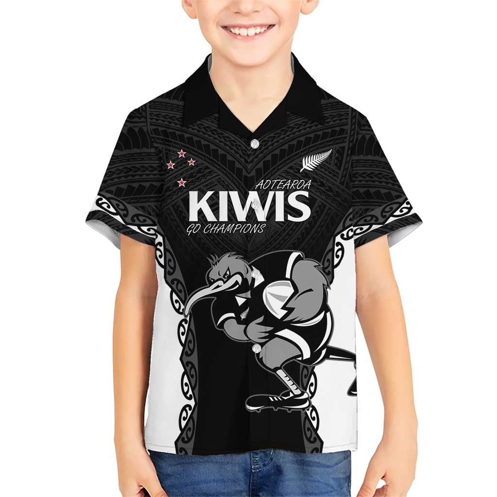 Aotearoa Rugby Custom Family Matching Short Sleeve Bodycon Dress and Hawaiian Shirt Maori Kiwi - Mascot Style LT14 Son's Shirt Black - Polynesian Pride