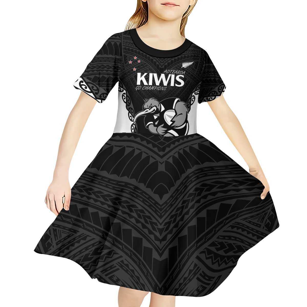 Aotearoa Rugby Custom Kid Short Sleeve Dress Maori Kiwi - Mascot Style
