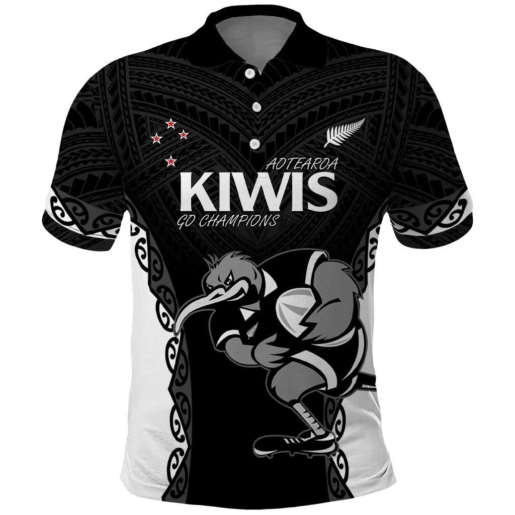 Aotearoa Rugby Custom Polo Shirt - Maori Kiwi Mascot Style LT14 Black - Polynesian Pride