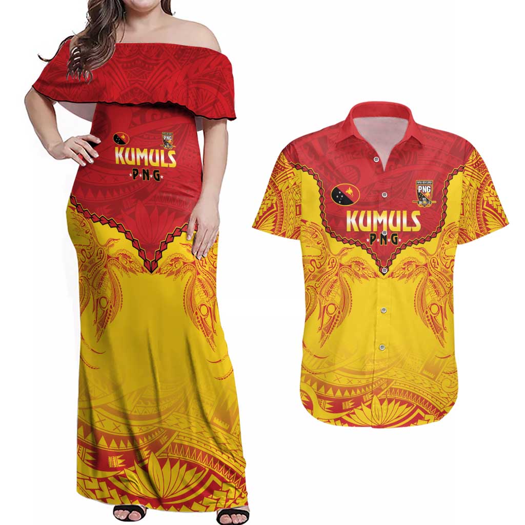 Papua New Guinea Rugby Custom Couples Matching Off Shoulder Maxi Dress and Hawaiian Shirt Go Kumuls PNG - Polynesian Pattern