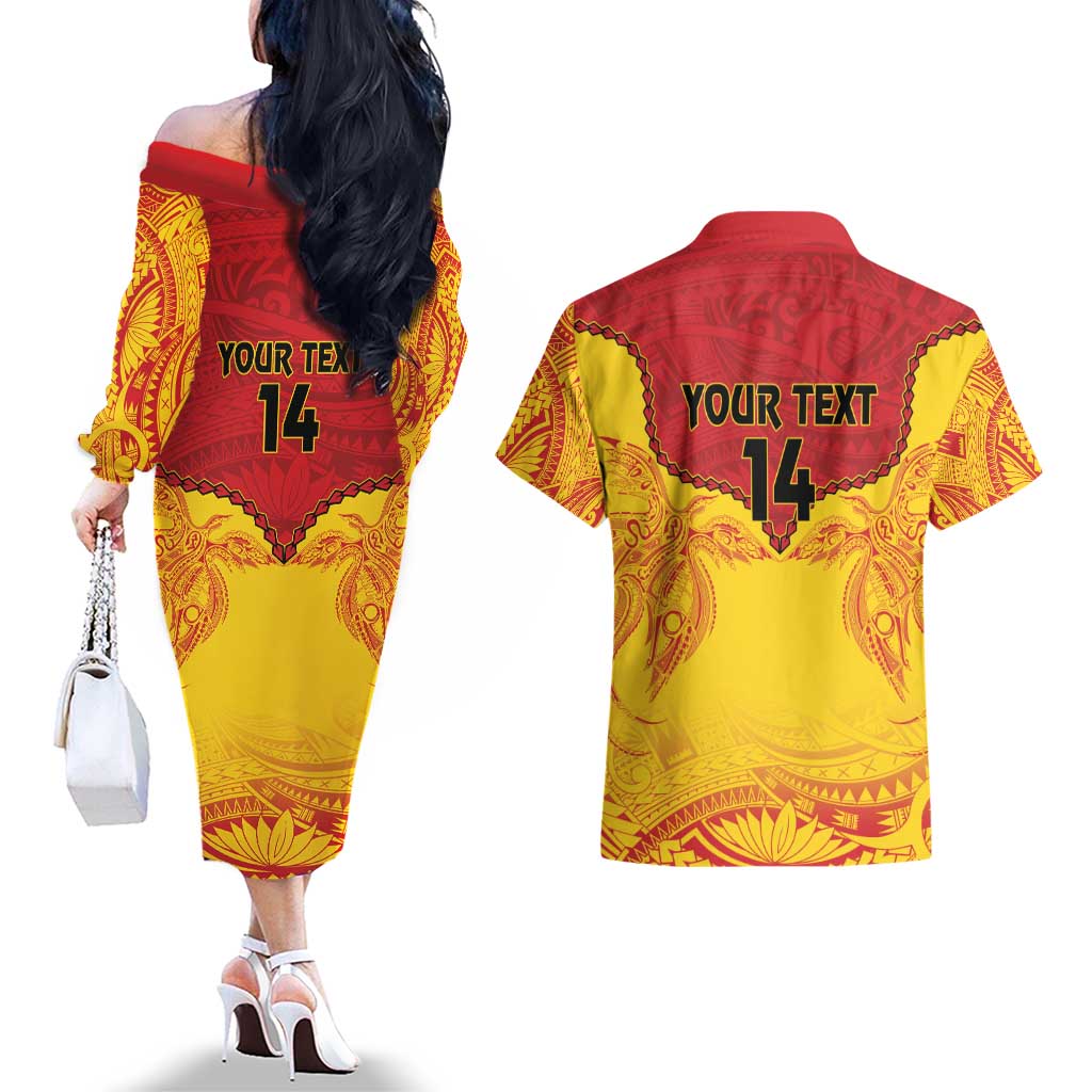 Papua New Guinea Rugby Custom Couples Matching Off The Shoulder Long Sleeve Dress and Hawaiian Shirt Go Kumuls PNG - Polynesian Pattern