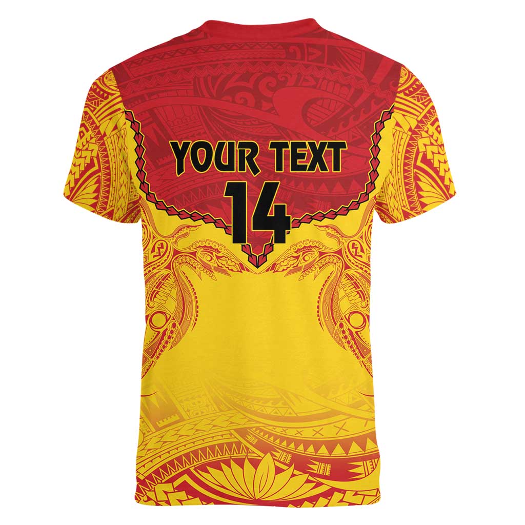 Papua New Guinea Rugby Custom Women V-Neck T-Shirt Go Kumuls PNG - Polynesian Pattern
