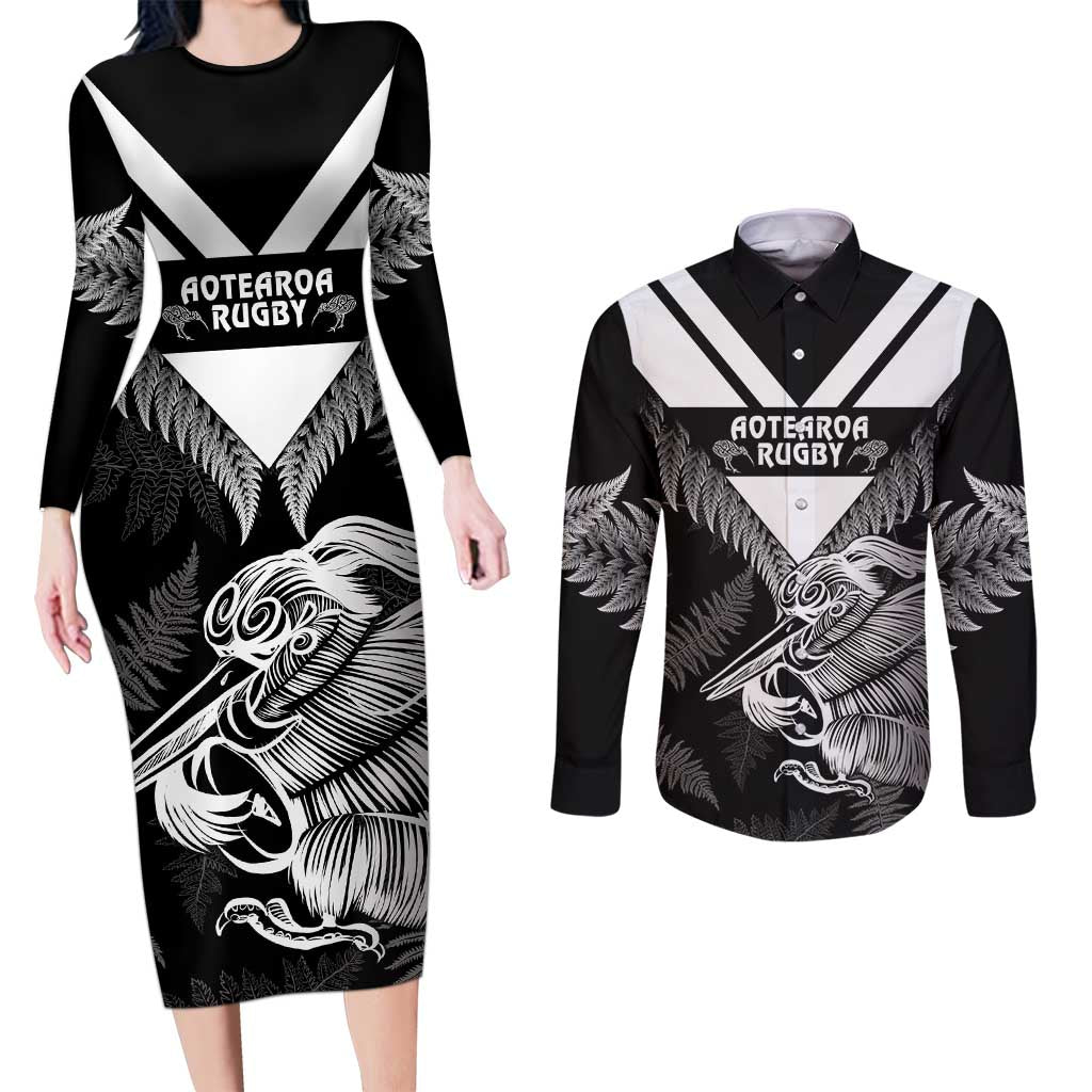 Aotearoa Silver Fern Rugby Custom Couples Matching Long Sleeve Bodycon Dress and Long Sleeve Button Shirt 2024 Go Kiwi