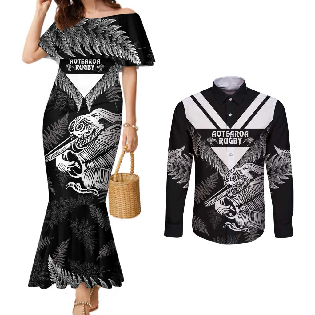 Aotearoa Silver Fern Rugby Custom Couples Matching Mermaid Dress and Long Sleeve Button Shirt 2024 Go Kiwi
