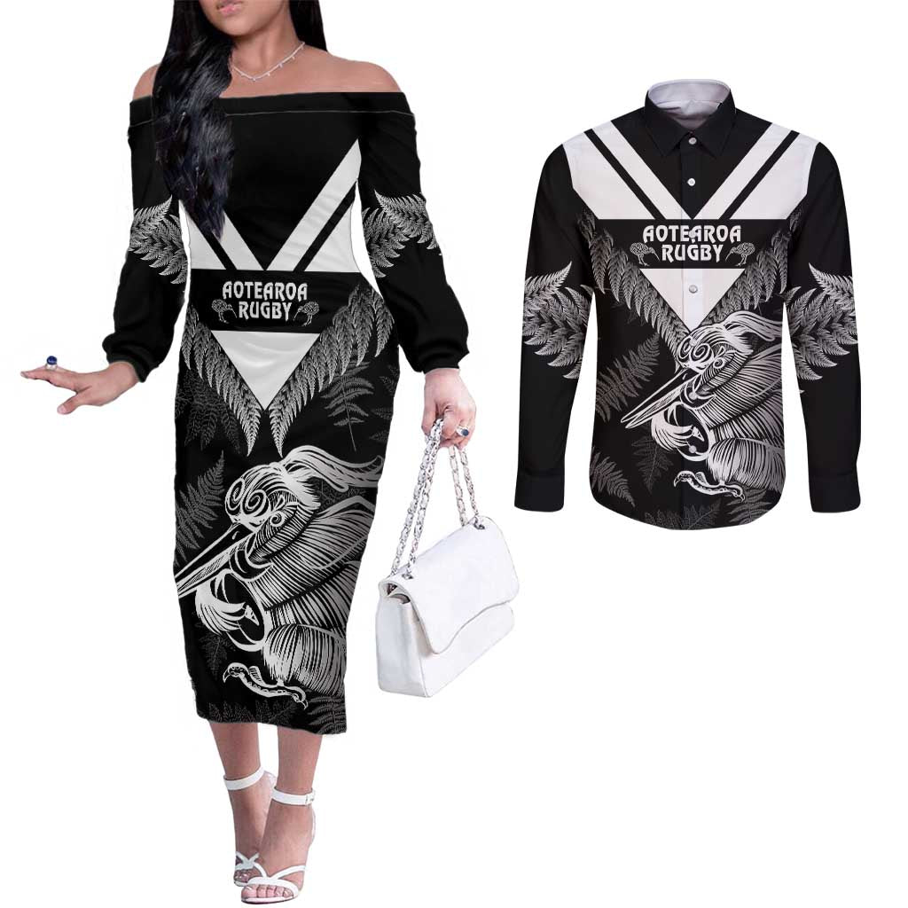 Aotearoa Silver Fern Rugby Custom Couples Matching Off The Shoulder Long Sleeve Dress and Long Sleeve Button Shirt 2024 Go Kiwi