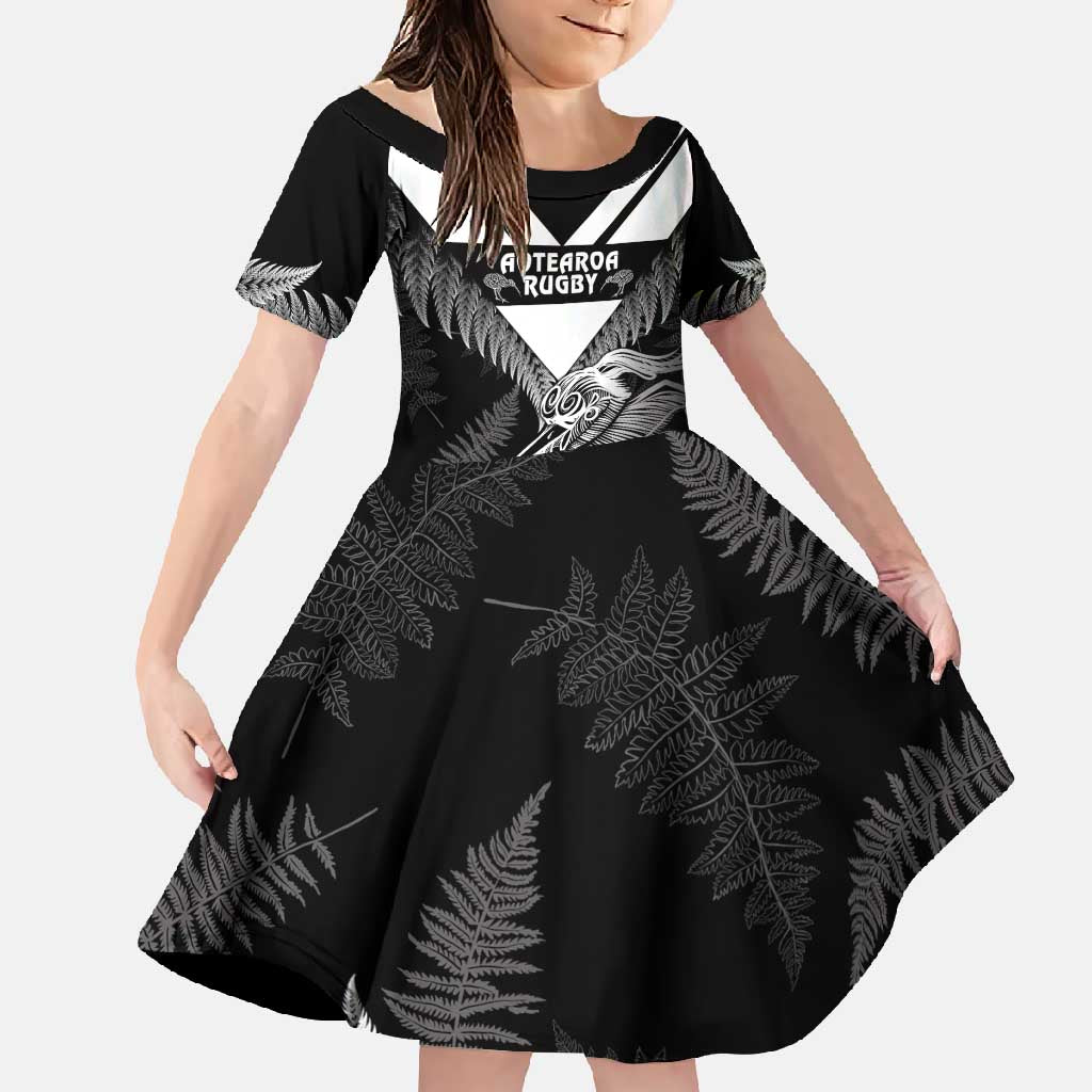 Aotearoa Silver Fern Rugby Custom Family Matching Long Sleeve Bodycon Dress and Hawaiian Shirt 2024 Go Kiwi LT14 Daughter's Dress Black - Polynesian Pride