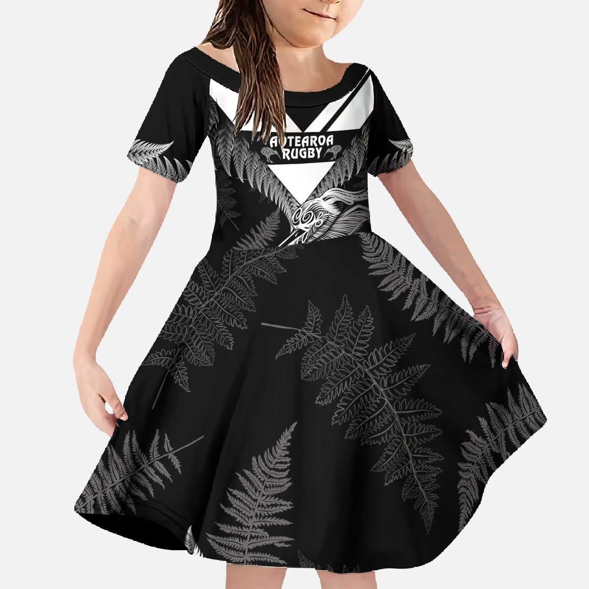 Aotearoa Silver Fern Rugby Custom Family Matching Off The Shoulder Long Sleeve Dress and Hawaiian Shirt 2024 Go Kiwi LT14 Daughter's Dress Black - Polynesian Pride