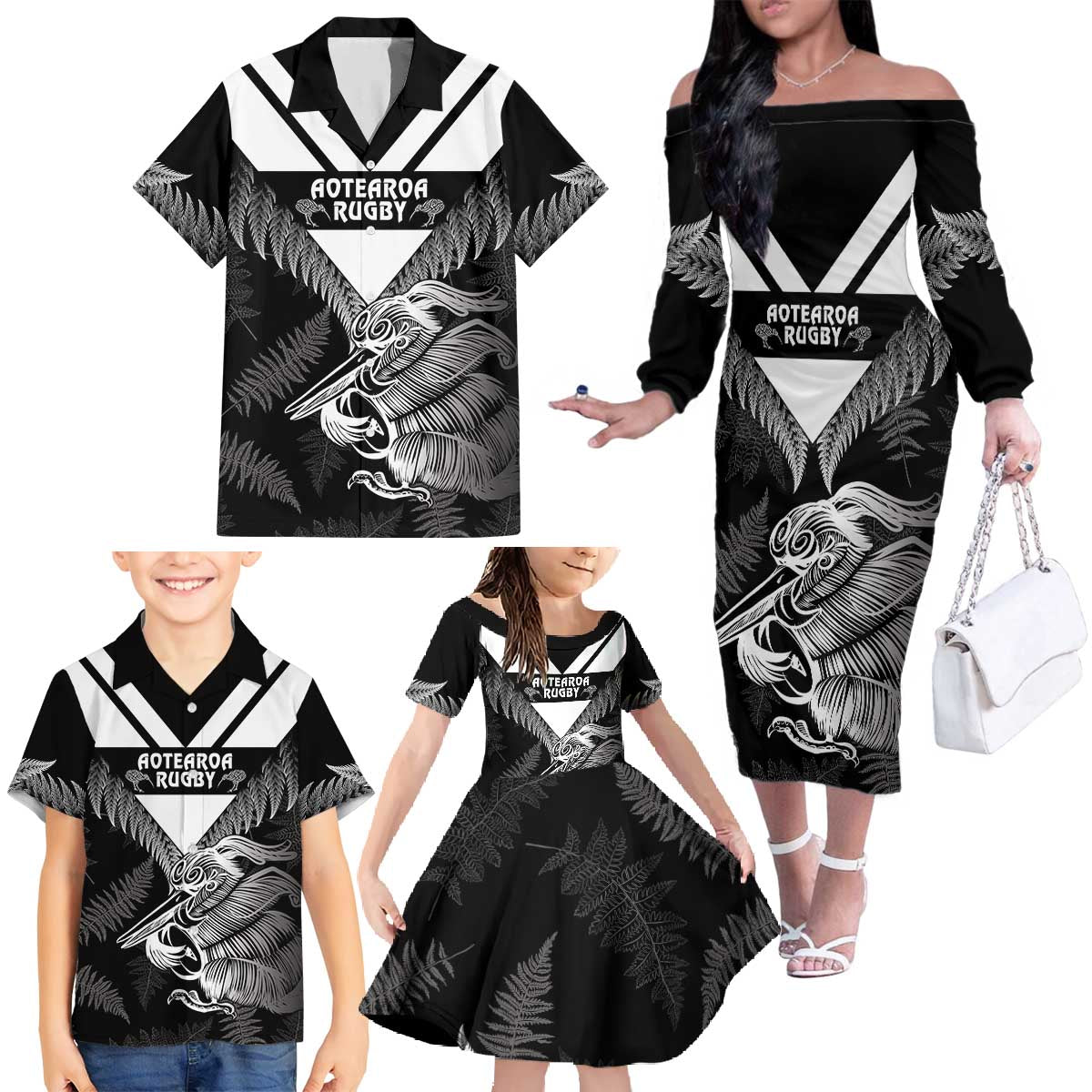 Aotearoa Silver Fern Rugby Custom Family Matching Off The Shoulder Long Sleeve Dress and Hawaiian Shirt 2024 Go Kiwi LT14 - Polynesian Pride