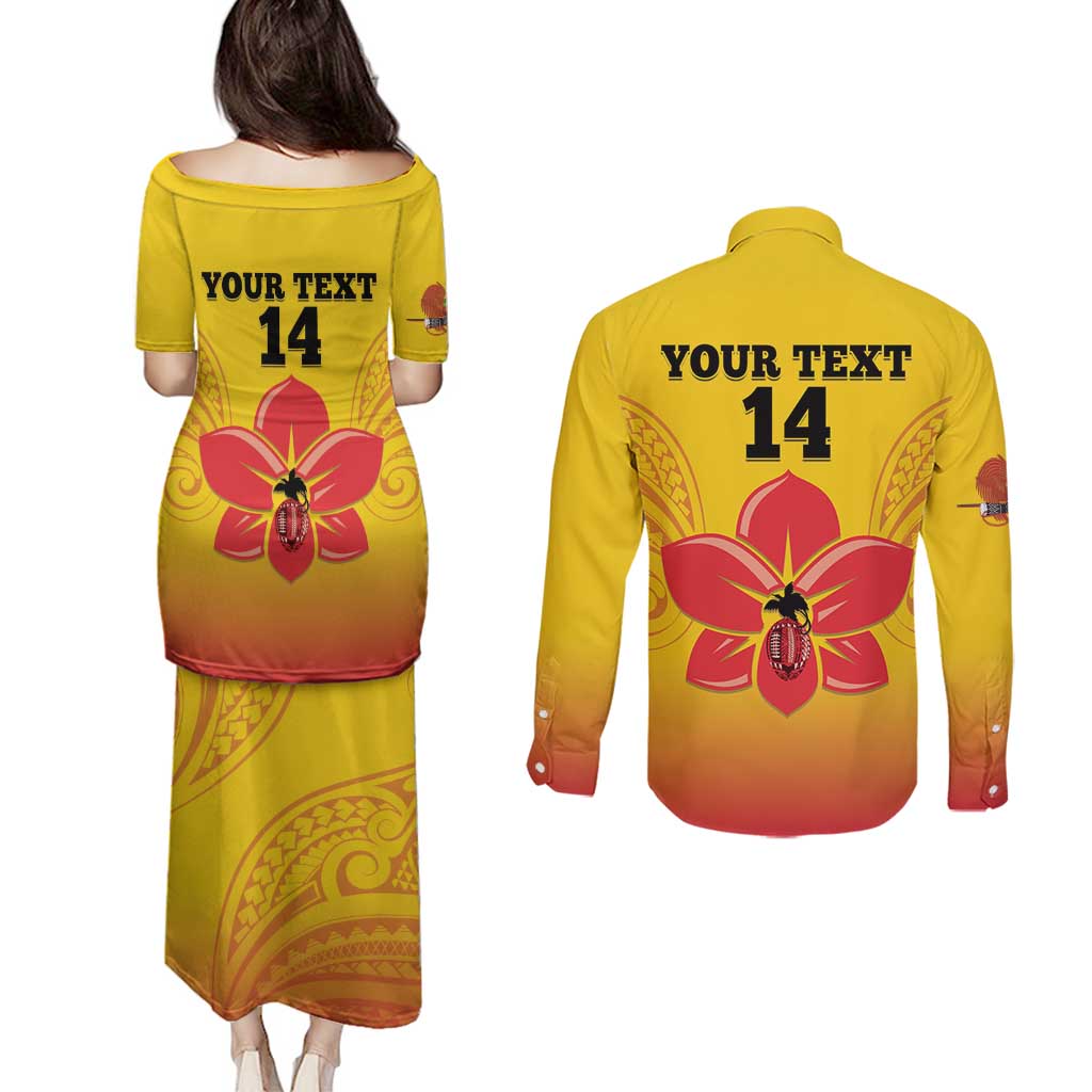 Orchids PNG Rugby Custom Couples Matching Puletasi and Long Sleeve Button Shirt Go Champions Papua New Guinea