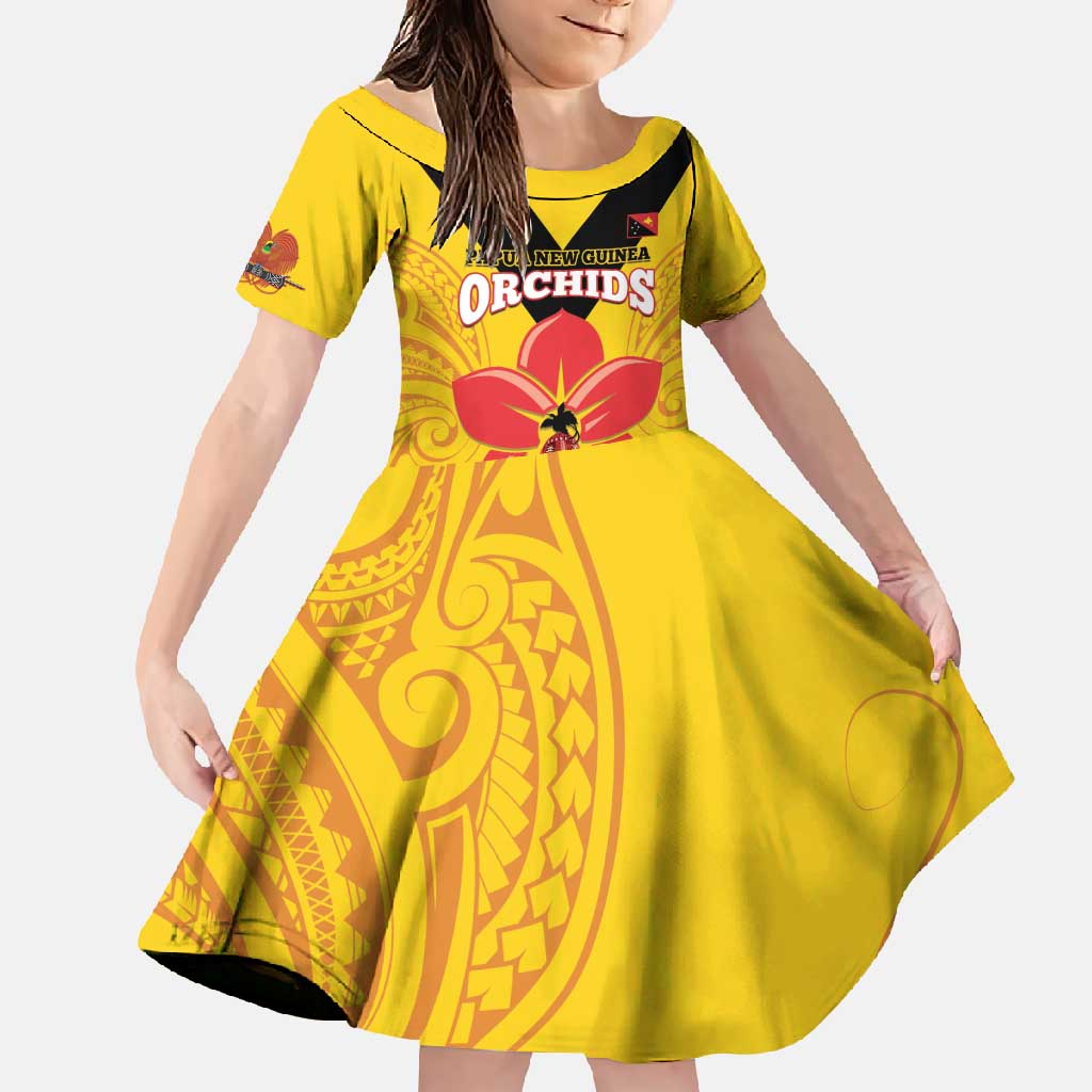 Orchids PNG Rugby Custom Family Matching Mermaid Dress and Hawaiian Shirt Go Champions Papua New Guinea LT14 Daughter's Dress Yellow - Polynesian Pride