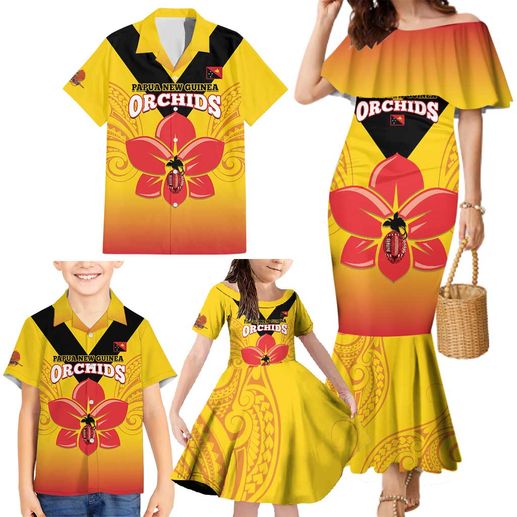 Orchids PNG Rugby Custom Family Matching Mermaid Dress and Hawaiian Shirt Go Champions Papua New Guinea LT14 - Polynesian Pride