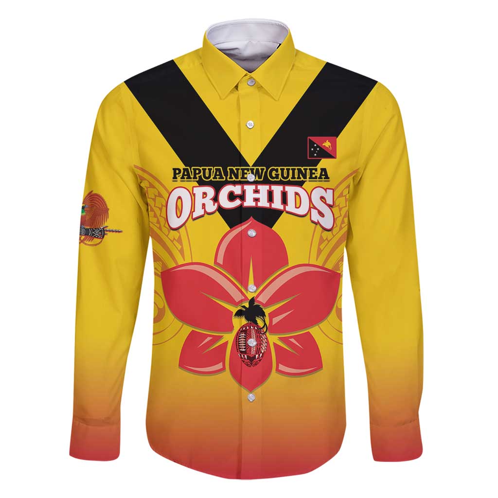 Orchids PNG Rugby Custom Family Matching Mermaid Dress and Hawaiian Shirt Go Champions Papua New Guinea LT14 Dad's Shirt - Long Sleeve Yellow - Polynesian Pride
