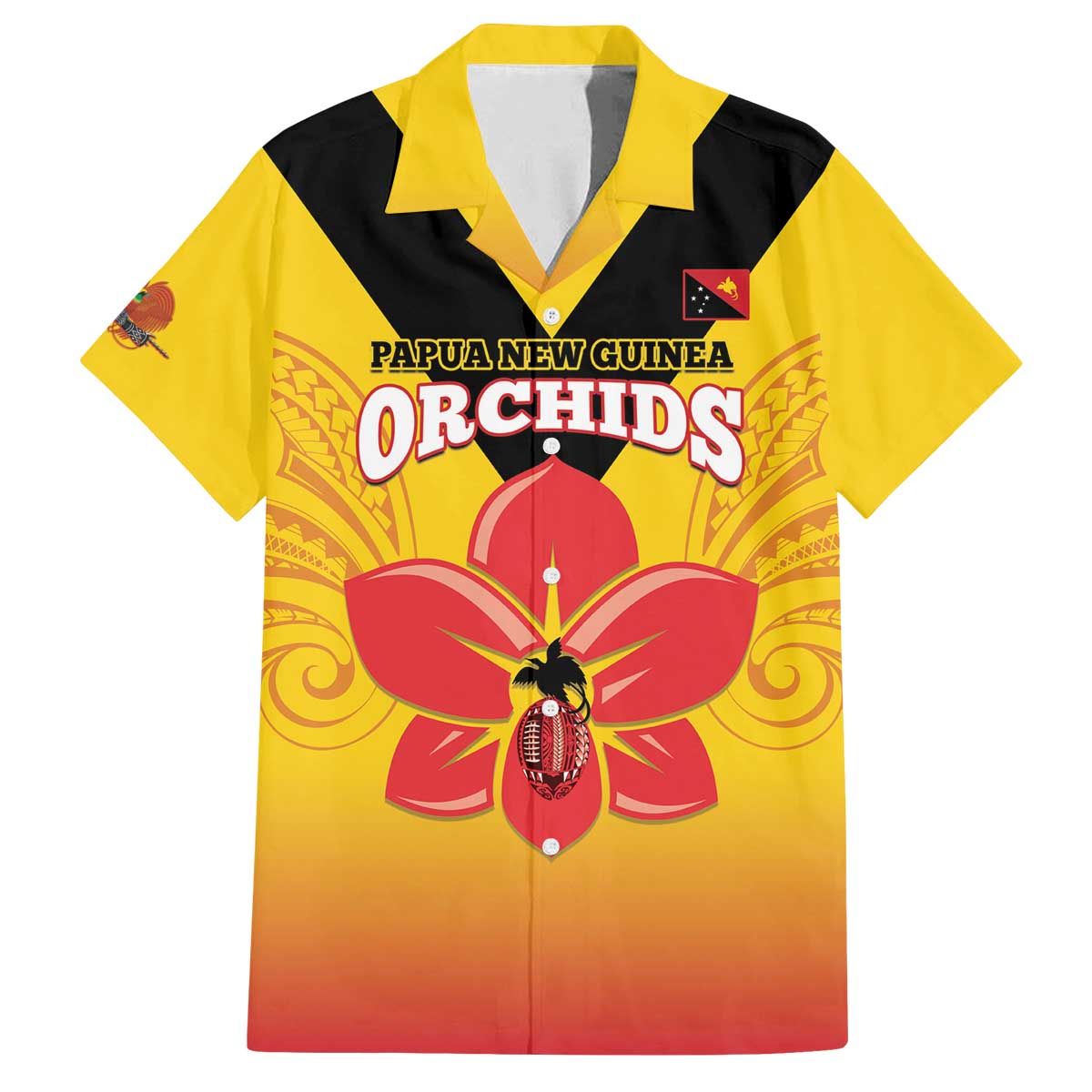 Orchids PNG Rugby Custom Family Matching Off The Shoulder Long Sleeve Dress and Hawaiian Shirt Go Champions Papua New Guinea LT14 Dad's Shirt - Short Sleeve Yellow - Polynesian Pride