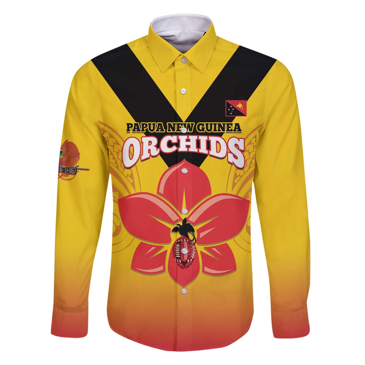 Orchids PNG Rugby Custom Family Matching Off The Shoulder Long Sleeve Dress and Hawaiian Shirt Go Champions Papua New Guinea LT14 Dad's Shirt - Long Sleeve Yellow - Polynesian Pride