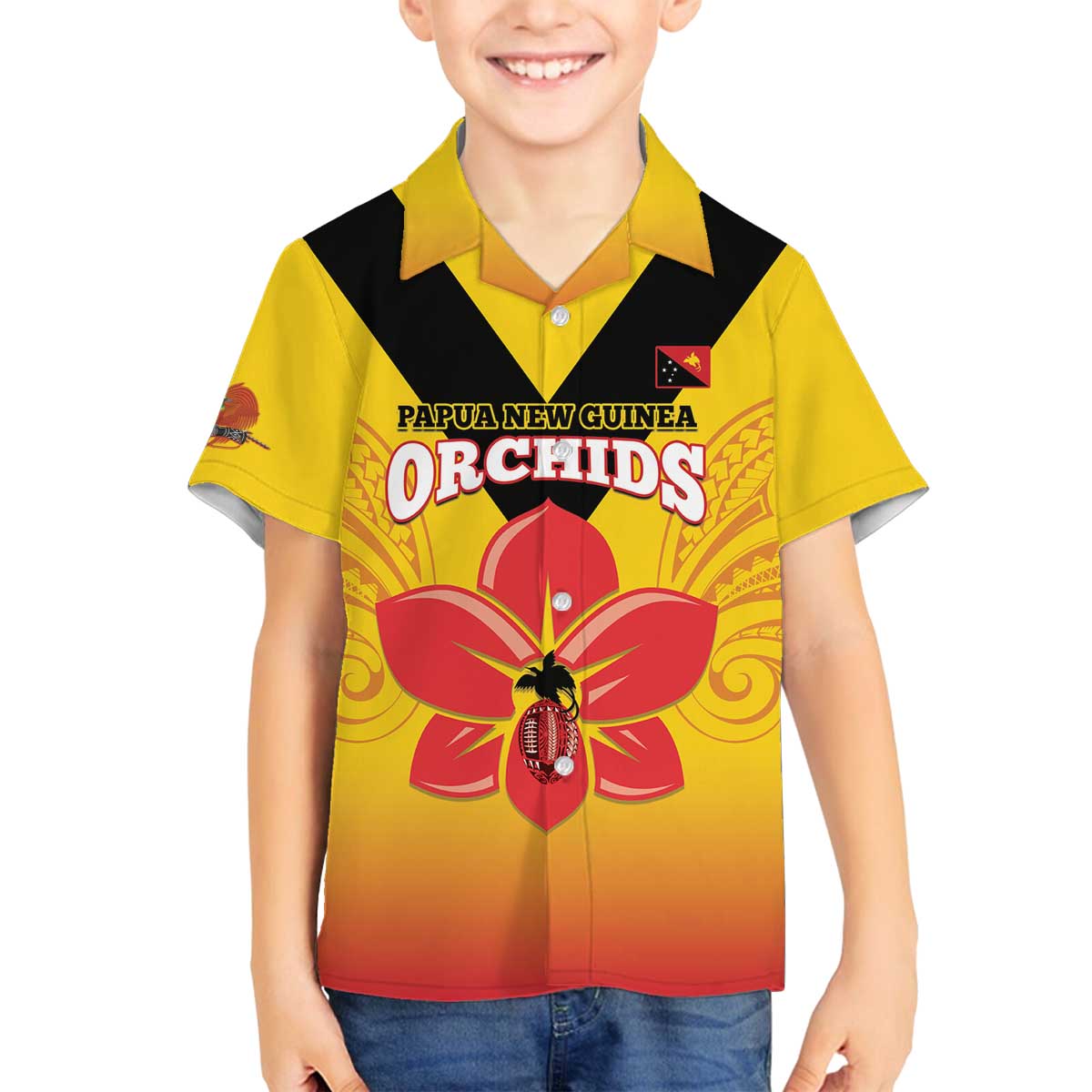 Orchids PNG Rugby Custom Family Matching Off The Shoulder Long Sleeve Dress and Hawaiian Shirt Go Champions Papua New Guinea LT14 Son's Shirt Yellow - Polynesian Pride