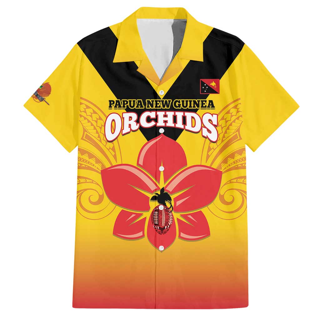Orchids PNG Rugby Custom Family Matching Short Sleeve Bodycon Dress and Hawaiian Shirt Go Champions Papua New Guinea LT14 Dad's Shirt - Short Sleeve Yellow - Polynesian Pride