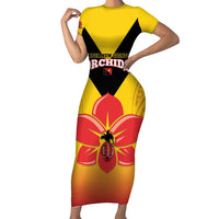 Orchids PNG Rugby Custom Family Matching Short Sleeve Bodycon Dress and Hawaiian Shirt Go Champions Papua New Guinea LT14 Mom's Dress Yellow - Polynesian Pride